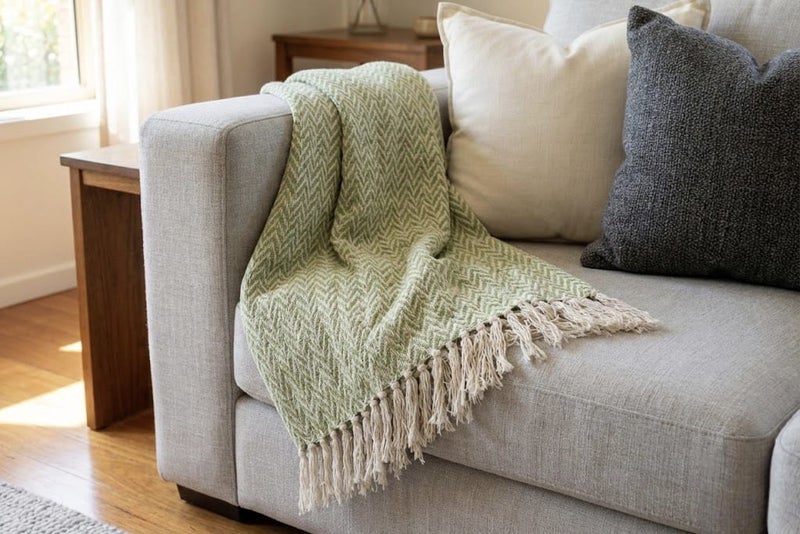 Ambrosia Chevron Herringbone Throws Cotton Sage Green - 130 x 160 cm - 400GSM - Image 5